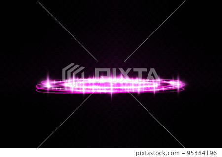 Magic portals on the night scene. Purple round holograms with rays of light and sparkles. Glowing futuristic teleport tunnel with copy space on black background. 95384196