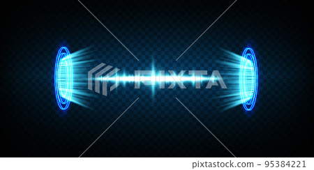 Magic portals on the night scene. Blue round holograms with rays of light and sparkles. Glowing futuristic teleport tunnel with copy space on black background. 95384221