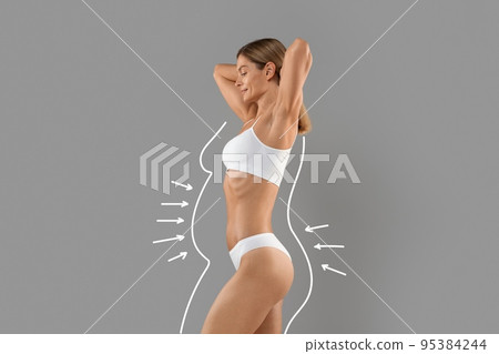 Beautiful Lady In Underwear With Drawn Outlines Around Body Demonstrating Slimming Result 95384244