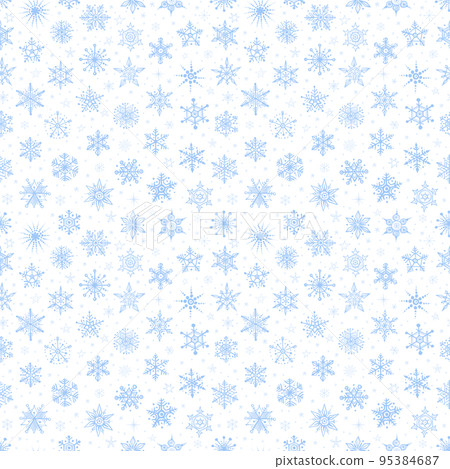 Seamless pattern with snow. Falling blue snowflakes on white background. Vector illustration with snowflakes. Can be used for wallpaper, pattern fills, textile, web page background, surface textures. 95384687
