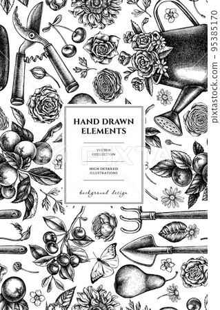 Gardening pattern card design. Hand drawn watering can, apples, cherry, rose, pears, shovel, rake, secateurs, chamomile, sunflower, forget me not flower, ranunculus, great orange-tip, roses. Gardening pattern card design. Hand drawn watering can, apples, cherry, rose, pears, shovel, rake, secateurs, chamomile, sunflower, forget me not flower, ranunculus, great orange-tip, roses. 95385170