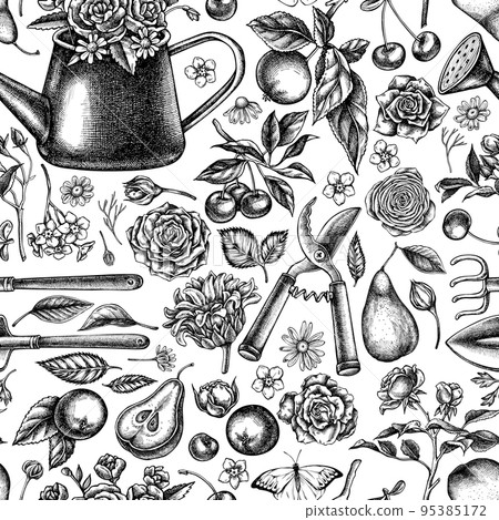 Gardening seamless pattern background design. Engraved style. Hand drawn watering can, apples, cherry, rose, pears, shovel, rake, secateurs, chamomile, sunflower, forget me not flower, ranunculus Gardening seamless pattern background design. Engraved style. Hand drawn watering can, apples, cherry, rose, pears, shovel, rake, secateurs, chamomile, sunflower, forget me not flower, ranunculus 95385172