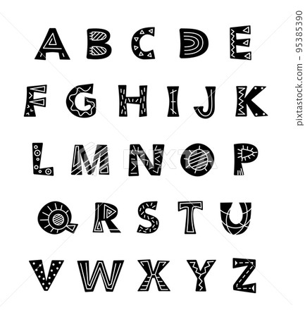 Alphabet hand draw black and white letters in folk style. Scandinavian ethnic style. Vector illustration 95385390