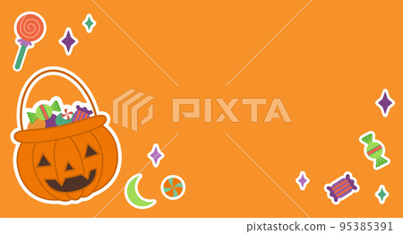 Halloween orange background. Pumpkin lantern, sweets and stars stickers. Web-site banner, greeting cards. Vector illustration 95385391