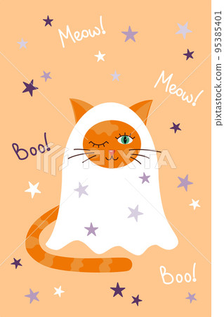 Halloween magic cat in a ghost costume. Greeting card with lettering boo and meow. Vector illustration Halloween magic cat in a ghost costume. Greeting card with lettering boo and meow. Vector illustration 95385401