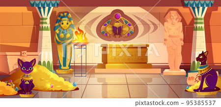 Cartoon Egypt tomb interior with pharaoh sarcophagus and old sculpture 95385537