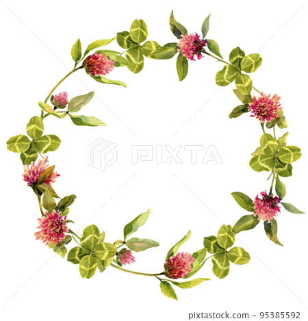 Wreath of flowers and leaf clovers isolated on white background. Plant composition with place for text. Square banner for social media posting. Wreath of flowers and leaf clovers isolated on white background. Plant composition with place for text. Square banner for social media posting. 95385592
