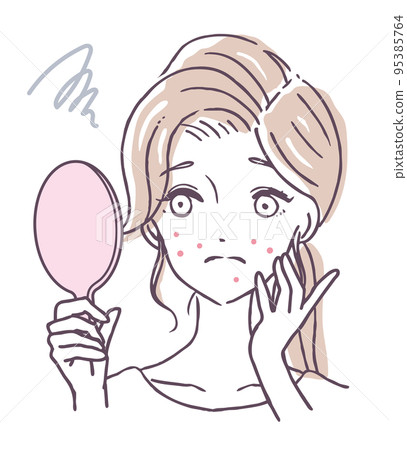 一個女人看著手鏡,皮膚粗糙的插圖素材一個無法治愈大量痤瘡的人的人物素材 一個女人看著手鏡,皮膚粗糙的插圖素材一個無法治愈大量痤瘡的人的人物素材 95385764