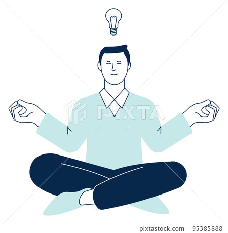 Man sit in lotus pose with lightbulb sign. Idea process icon Man sit in lotus pose with lightbulb sign. Idea process icon 95385888