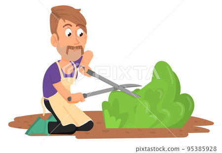 Gardener trimming green bush. Cartoon farmer with scissors Gardener trimming green bush. Cartoon farmer with scissors 95385928