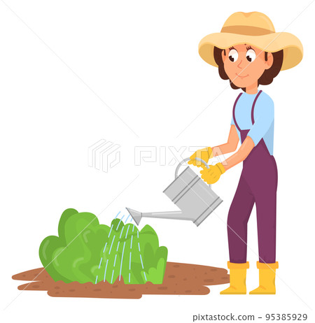 Woman watering green plants. Cartoon gardener or farm worker Woman watering green plants. Cartoon gardener or farm worker 95385929