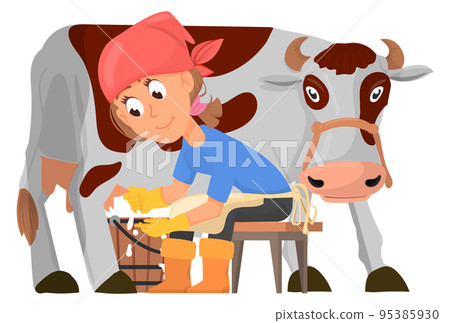 Woman milking cow. Cartoon farm worker character Woman milking cow. Cartoon farm worker character 95385930