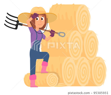 Female farmer with pitchfork stacked hay. Cartoon farm work icon Female farmer with pitchfork stacked hay. Cartoon farm work icon 95385931