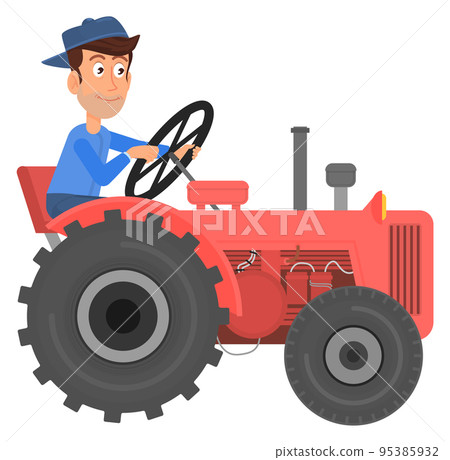 Man riding tractor. Cartoon farm work. Agricultural vehicle Man riding tractor. Cartoon farm work. Agricultural vehicle 95385932