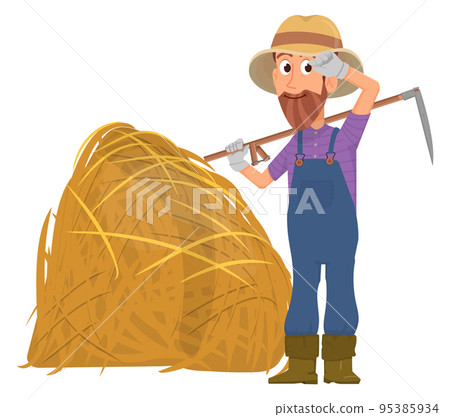 Farmer with hay bale. Cartoon man with scythe. Farm harvesting 95385934