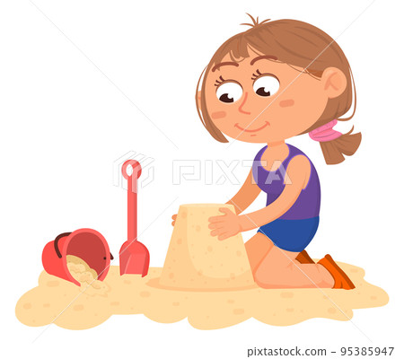 Girl making sandcastle. Happy cartoon kid on beach Girl making sandcastle. Happy cartoon kid on beach 95385947
