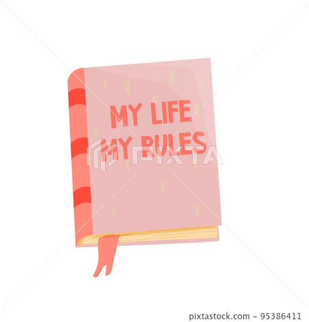 Pink diary, book text My life my rules, cute self care handbook in cartoon style isolated on white background.  95386411