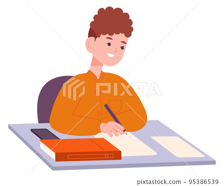 Boy doing homework at desk. Kid writing. Child studying 95386539