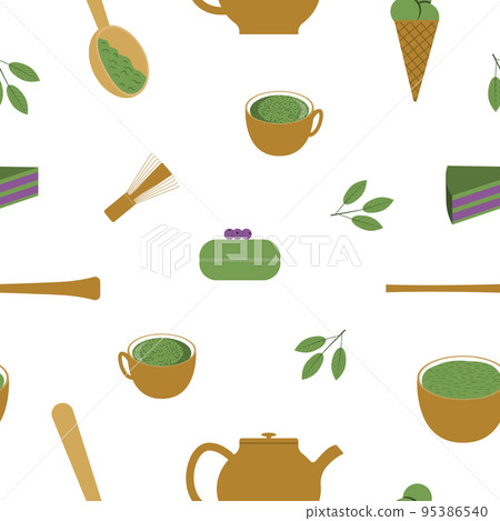 Seamless pattern with elements for making matcha tea and desserts from matcha. Flat style. Vector. Seamless pattern with elements for making matcha tea and desserts from matcha. Flat style. Vector. 95386540