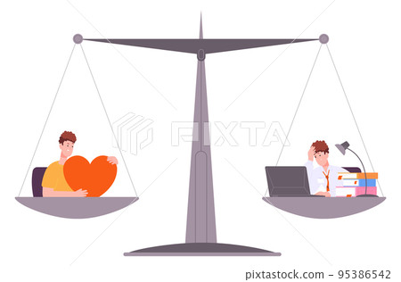 Work life balance icon. Healthy life and stressful career on scales Work life balance icon. Healthy life and stressful career on scales 95386542