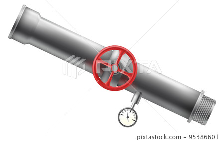 Industrial metal pipe with valve and gauge. Realistic mockup Industrial metal pipe with valve and gauge. Realistic mockup 95386601