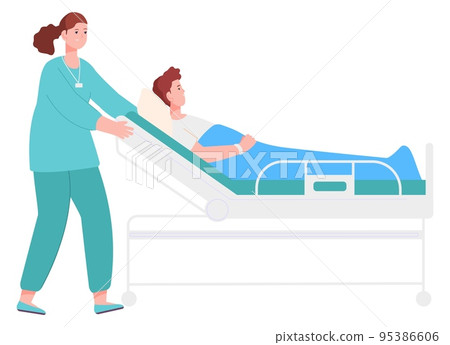 Nurse pushing hospital bed with lying man. Patient care Nurse pushing hospital bed with lying man. Patient care 95386606