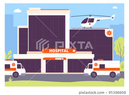 Hospital exterior with ambulance cars. City medical center landscape Hospital exterior with ambulance cars. City medical center landscape 95386608