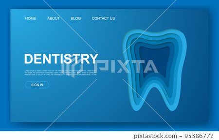Tooth 3d paper cut style website template. Dentistry paper cut illustration. Stomatology symbol for landing page, advertising page. Tooth 3d paper cut style website template. Dentistry paper cut illustration. Stomatology symbol for landing page, advertising page. 95386772