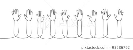 Hands up one line continuous drawing. Applaud hands continuous one line illustration. Vector minimalist linear illustration. Hands up one line continuous drawing. Applaud hands continuous one line illustration. Vector minimalist linear illustration. 95386792