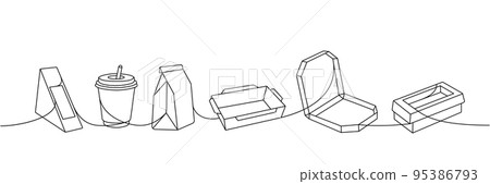 Set of takeaway cardboard boxes one line continuous drawing. Empty cardboard boxes, bags for takeaway food continuous one line illustration. Set of takeaway cardboard boxes one line continuous drawing. Empty cardboard boxes, bags for takeaway food continuous one line illustration. 95386793