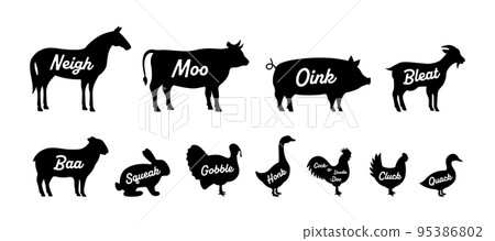 Set of farm animal silhouettes. Neigh, Moo, Oink, Bleat, Baa, Squeak, Gobble, Honk, Cock-a-doodle-doo, Cluck, Quack - animals voice lettering. Set of farm animal silhouettes. Neigh, Moo, Oink, Bleat, Baa, Squeak, Gobble, Honk, Cock-a-doodle-doo, Cluck, Quack - animals voice lettering. 95386802