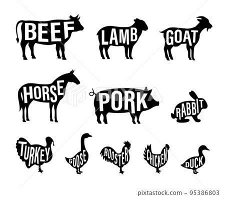 Set of farm animal silhouette with lettering. Pig, Horse, Turkey, Goat, Sheep, Chicken, Rooster, Duck, Rabbit, Goose, Cow silhouette. Farm animal icon Set of farm animal silhouette with lettering. Pig, Horse, Turkey, Goat, Sheep, Chicken, Rooster, Duck, Rabbit, Goose, Cow silhouette. Farm animal icon 95386803
