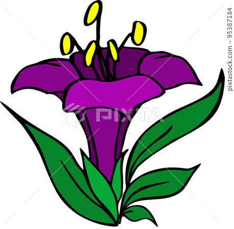graphic drawing of a large purple flower with leaves, isolated element, decor graphic drawing of a large purple flower with leaves, isolated element, decor 95387184
