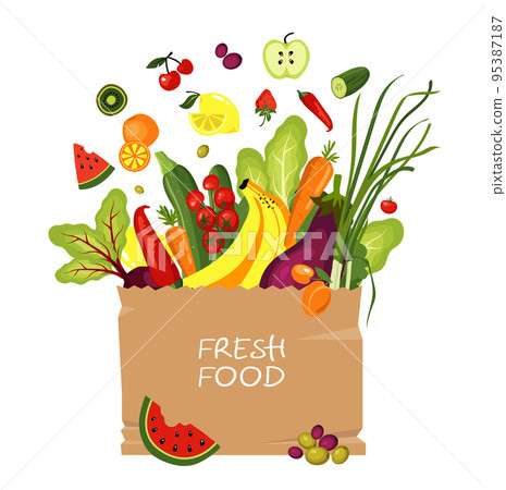 Healthy fresh food in a paper bag. Set for grocery shopping. Healthy fresh food in a paper bag. Set for grocery shopping. 95387187