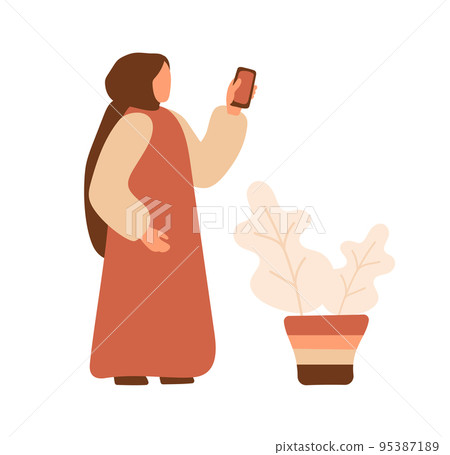 Arab Muslim Woman flat holding a phone in his hand. People Business girl in burqa. Vector illustration Arab Muslim Woman flat holding a phone in his hand. People Business girl in burqa. Vector illustration 95387189