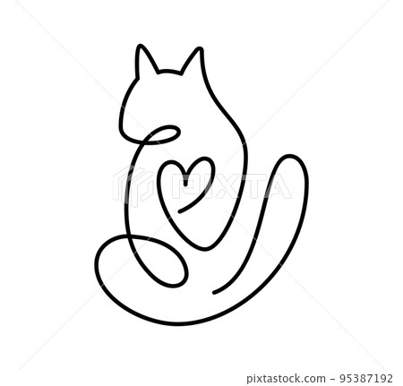 Cute one line vector cat with heart. Minimalist cat in abstract hand drawn style, minimalist one line drawing. Lovely pet. Abstract minimal style Cute one line vector cat with heart. Minimalist cat in abstract hand drawn style, minimalist one line drawing. Lovely pet. Abstract minimal style 95387192