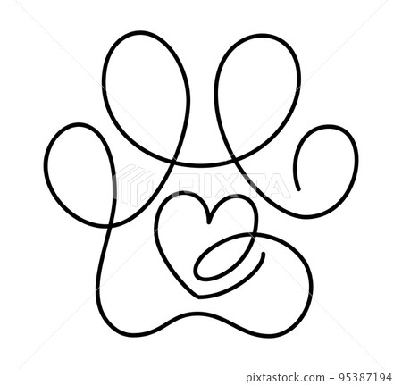 Heart with cat or dog paw in continuous one line drawing. Minimal line art. Animal foorprint in heart. Pet love concept Heart with cat or dog paw in continuous one line drawing. Minimal line art. Animal foorprint in heart. Pet love concept 95387194