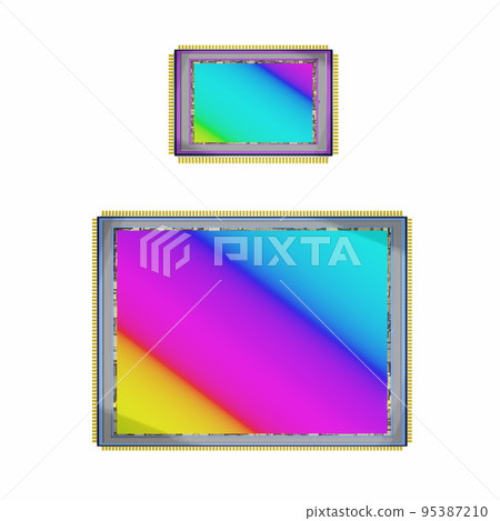 200 megapixel digital camera sensor compared to smaller previous generation sensor, top view isoloated on white, 3D rendering, huge modern digital matrix, technology breakthrough for smartphones and 95387210