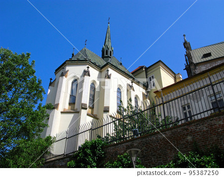 Bottom-up view of the catholic Cathedral of Saints Peter and Paul. Brno, Czech Republic.  95387250