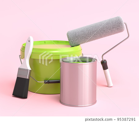 Set of metal and plastic buckets, paint roller and brush on pink background. 95387291