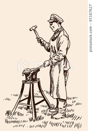 Blacksmith with hammer and anvil. 95387627