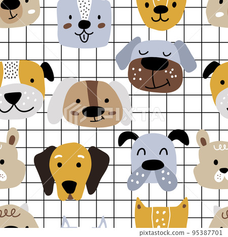 Childish Scandinavian hand-drawn dogs on a white checkered background 95387701