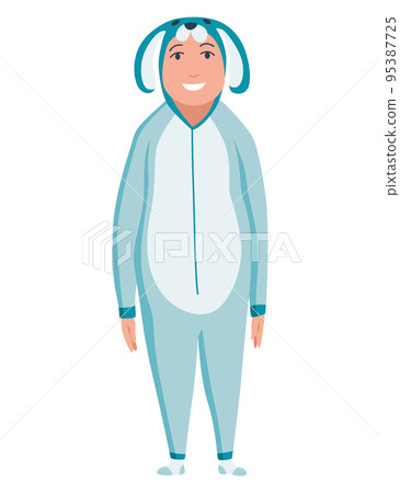 Animal character pajama. Men dressed in onesies. People wearing jumpsuit or kigurumi. Pajama party, person in costume rabbit Animal character pajama. Men dressed in onesies. People wearing jumpsuit or kigurumi. Pajama party, person in costume rabbit 95387725