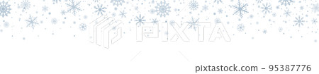 Snowflakes blue frame. Luxury Christmas garland border. Snowflake falling with different ornaments. Happy New Year banner. Winter design card. Frozen ice silhouette. Vector illustration 95387776