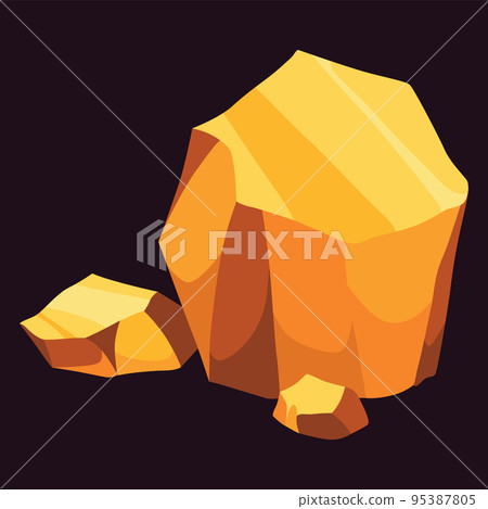 Gold mine nuggets. Precious ore mining object. Golden game UI stone kit, cartoon treasure amber rock isolated on black. Vector icon of polygon boulder, yellow metal 95387805