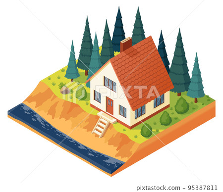 Isometric house on river in pine wood. Modern estate exterior. 3D Cottage. Vector illustration on white background. For real estate brochure or others works. Property construction or rent concept Isometric house on river in pine wood. Modern estate exterior. 3D Cottage. Vector illustration on white background. For real estate brochure or others works. Property construction or rent concept 95387811