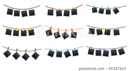 Photo frames set hanging on rope, attached with clothes pins or clothespin. Blank instant photo card icons isolated on white background 95387820