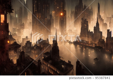 Concept art illustration of Gotham city at night Concept art illustration of Gotham city at night 95387841