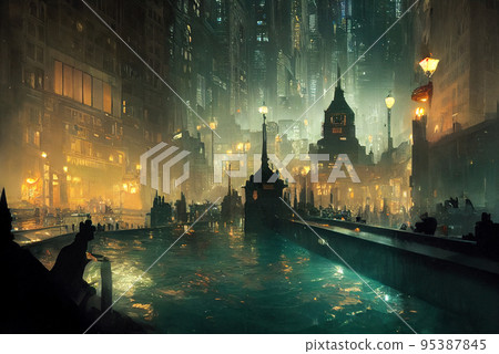 Concept art illustration of Gotham city at night 95387845