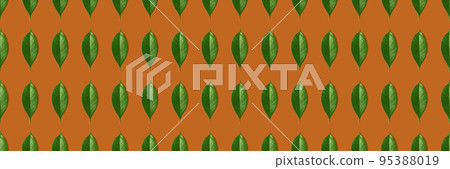 Creative seamless pattern of green leaves on orange background. Creative design in flat lay style. Top view. Mock-up. Creative seamless pattern of green leaves on orange background. Creative design in flat lay style. Top view. Mock-up. 95388019